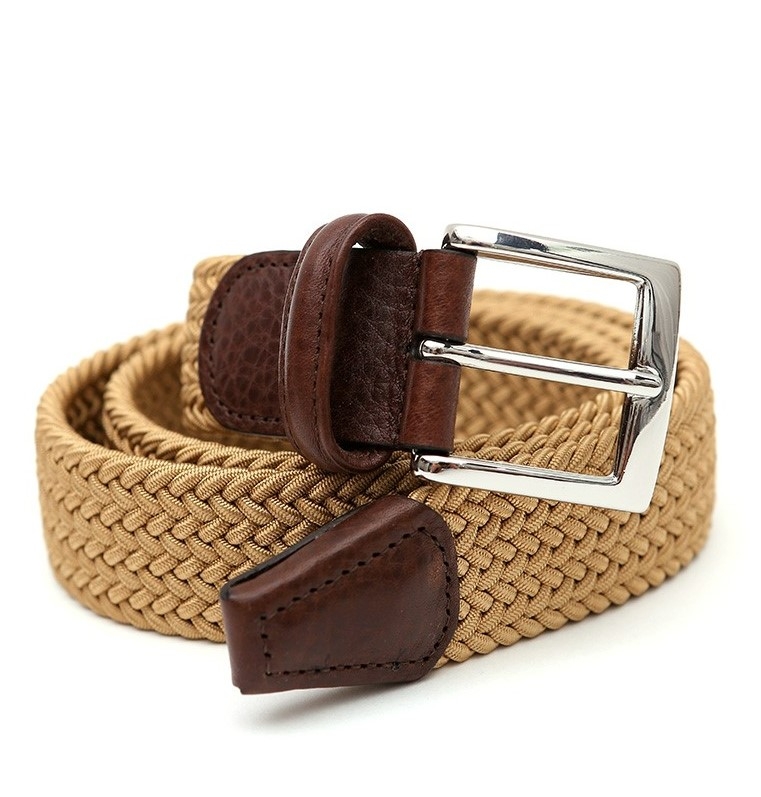 Italian Mini Strand Woven Stretch Leather Casual Belt in Tan Multi